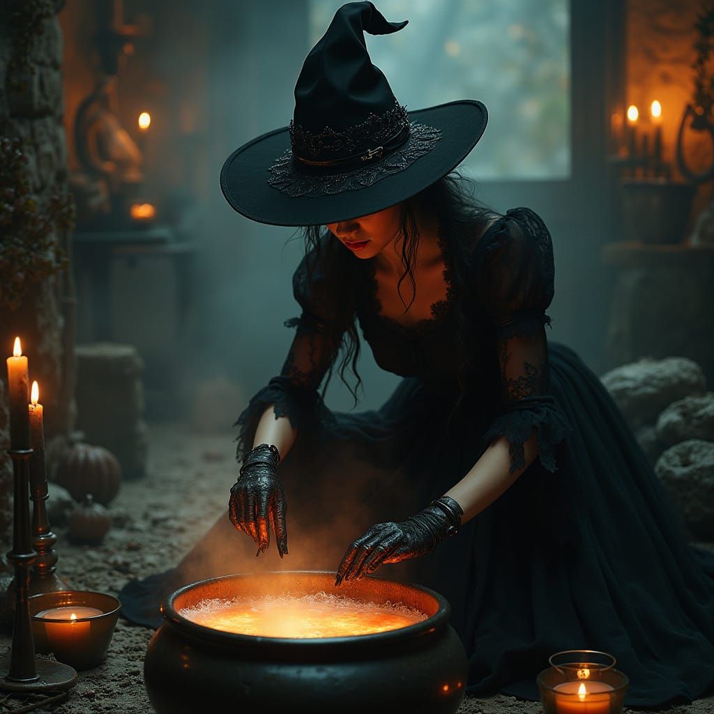 Vampire Witch Stirring Cauldron in Gothic Fantasy Style