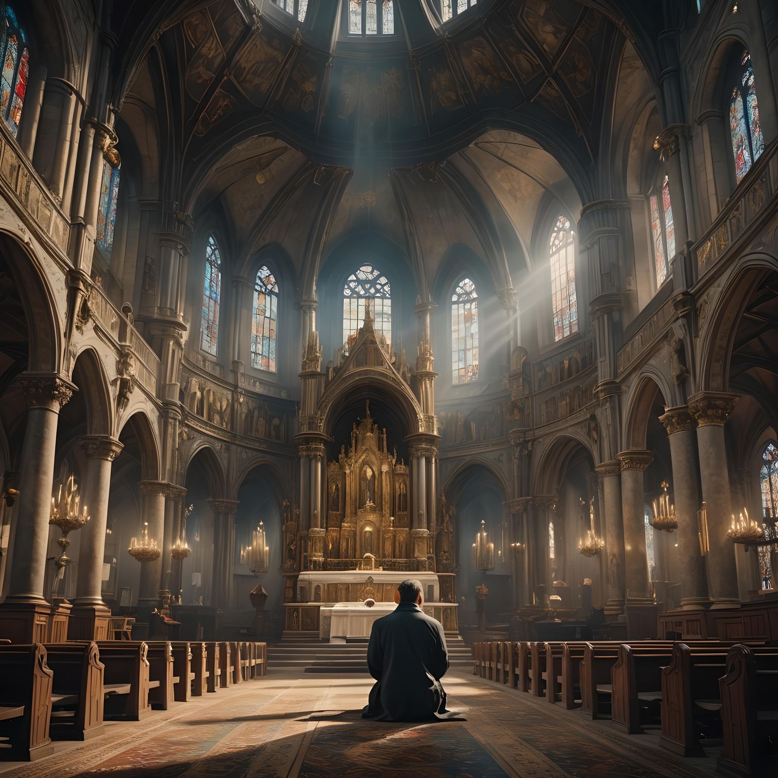Man Praying in Church: Digital Matte Painting