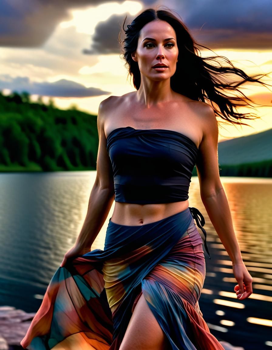 Ethereal Woman at Lake Sunset: Renaissance Oil Painting