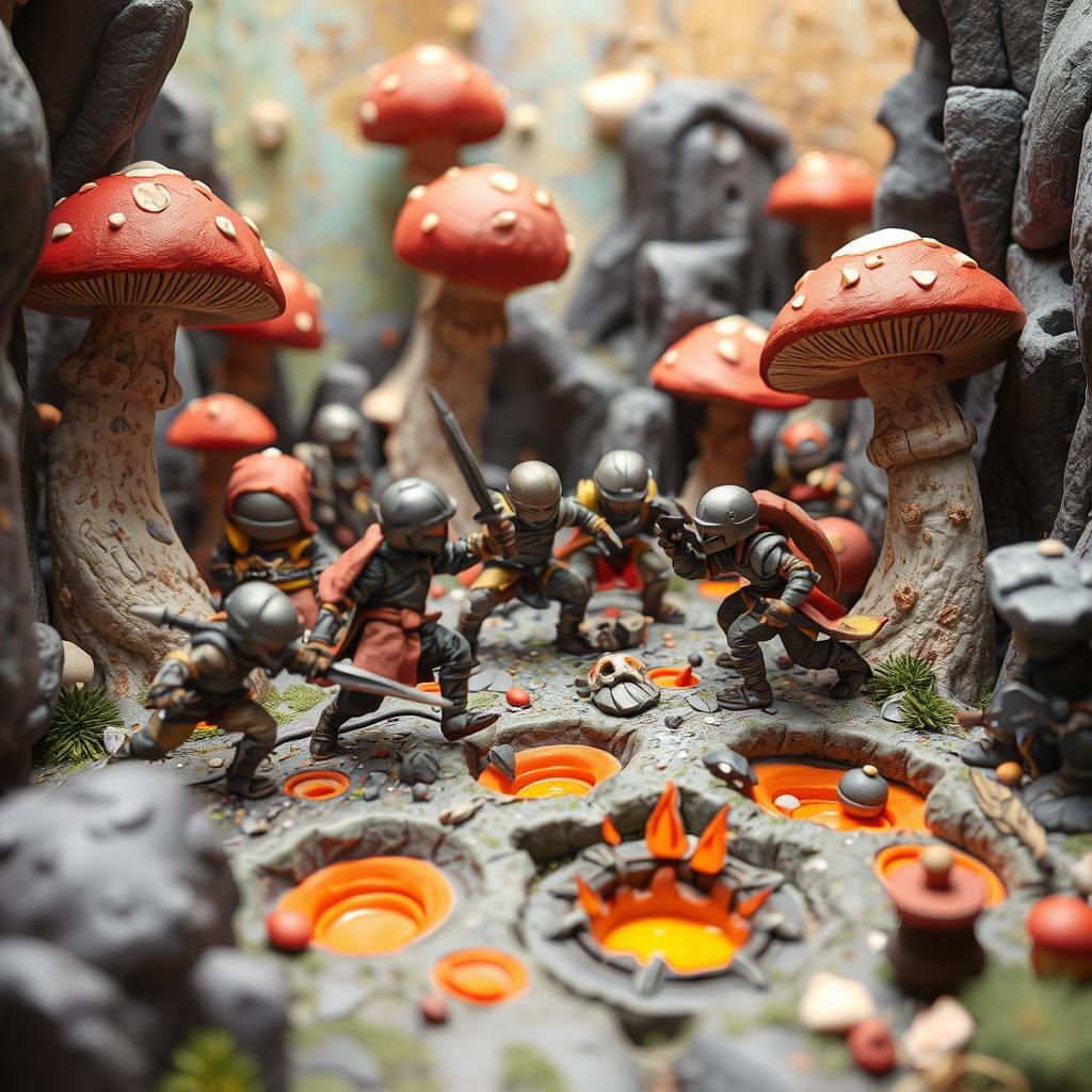 Claymation Battle in Whimsical Landscape, Burton Style