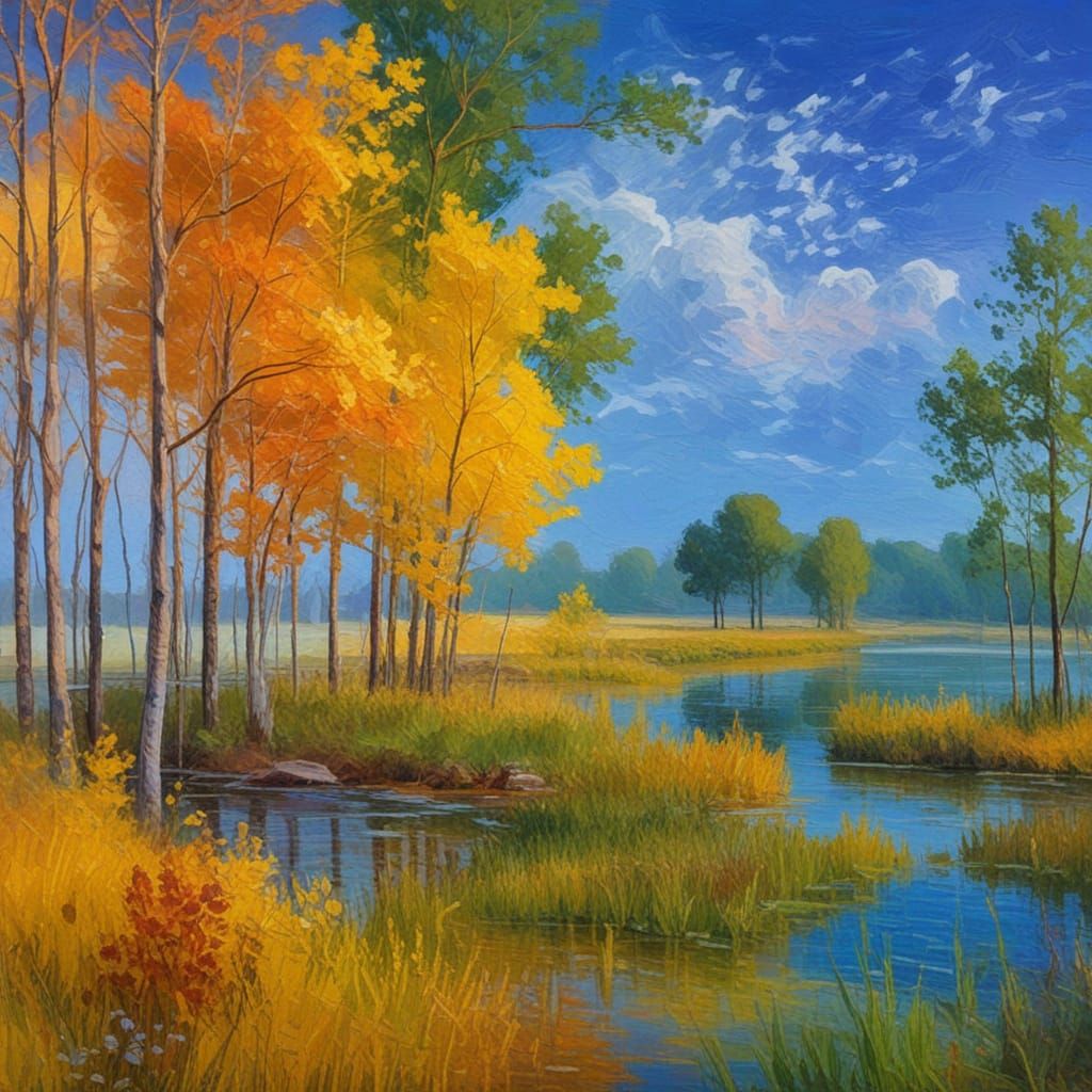 Tranquil Impressionist Pond at Twilight with Vibrant Colors