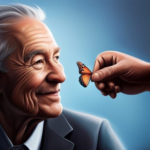 Hyperrealistic Portrait of Smiling Man with Butterfly