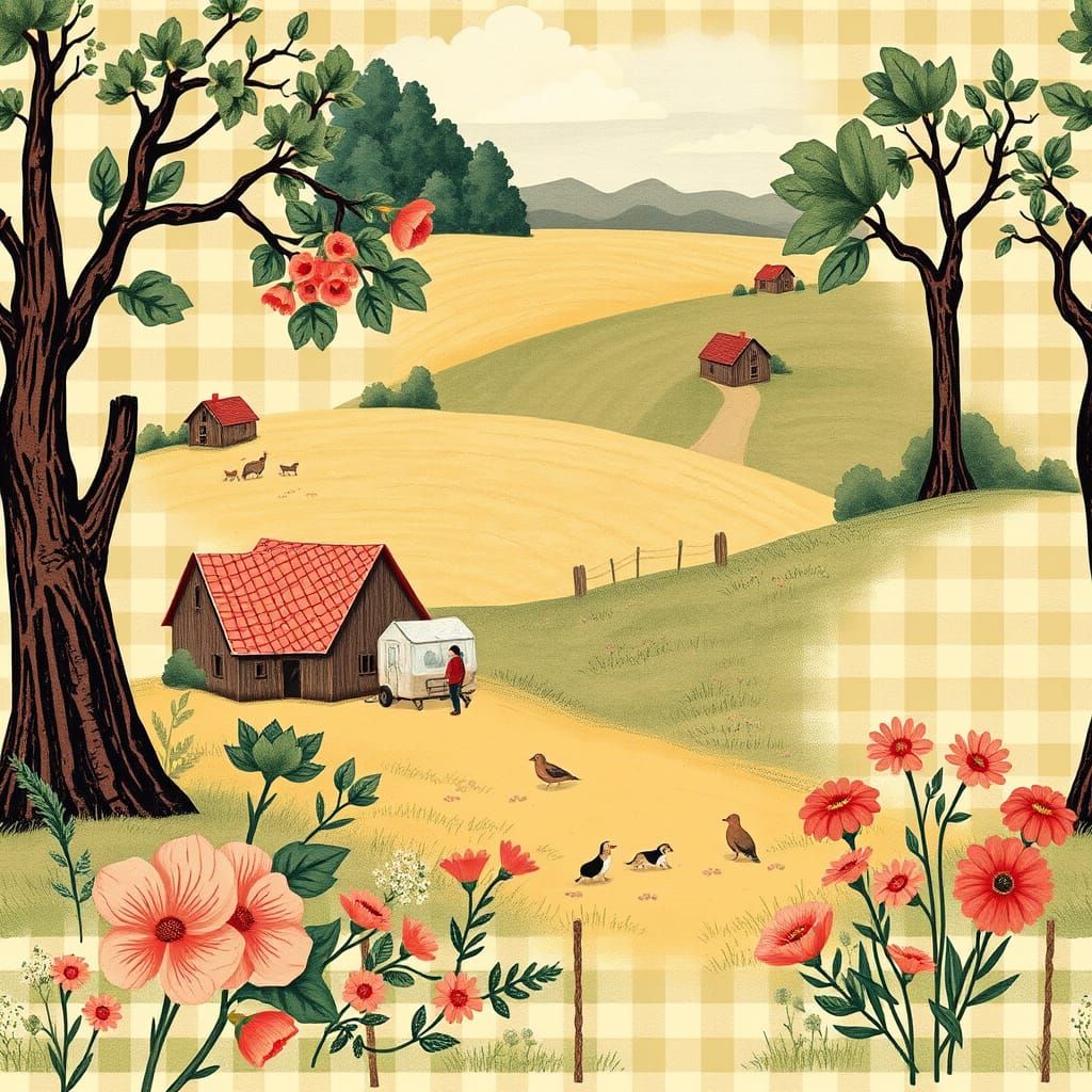 Whimsical Gingham Landscape in Earthy Tones