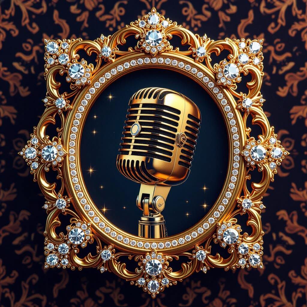 Golden Photo Frame with Diamonds and Microphone in Realistic...
