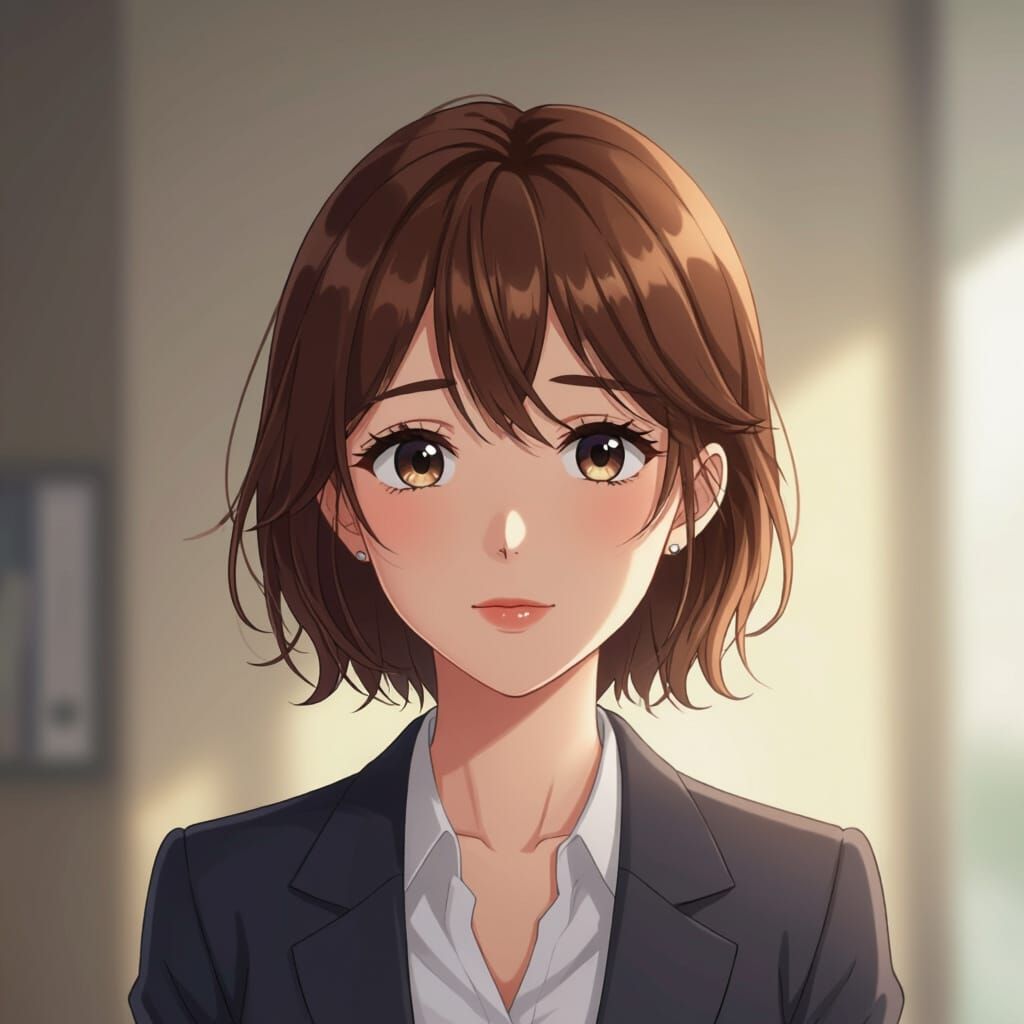 Kind Anime Woman Character with Tired, Gentle Eyes