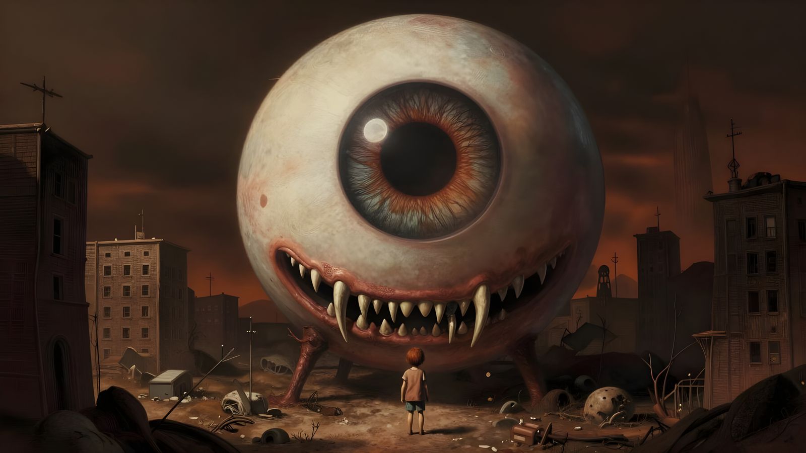 Giant Eyeball Monster Threatens Child in Desolate Cityscape