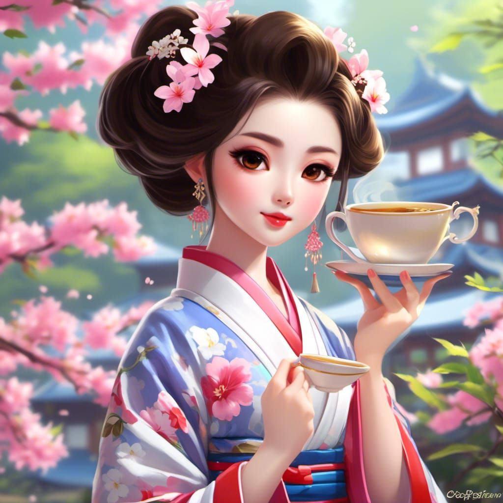 Elegant Japanese Woman Portrait with Coffee