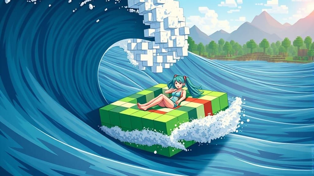 Miku Hatsune Rides Vibrant Pixelated Minecraft Surf