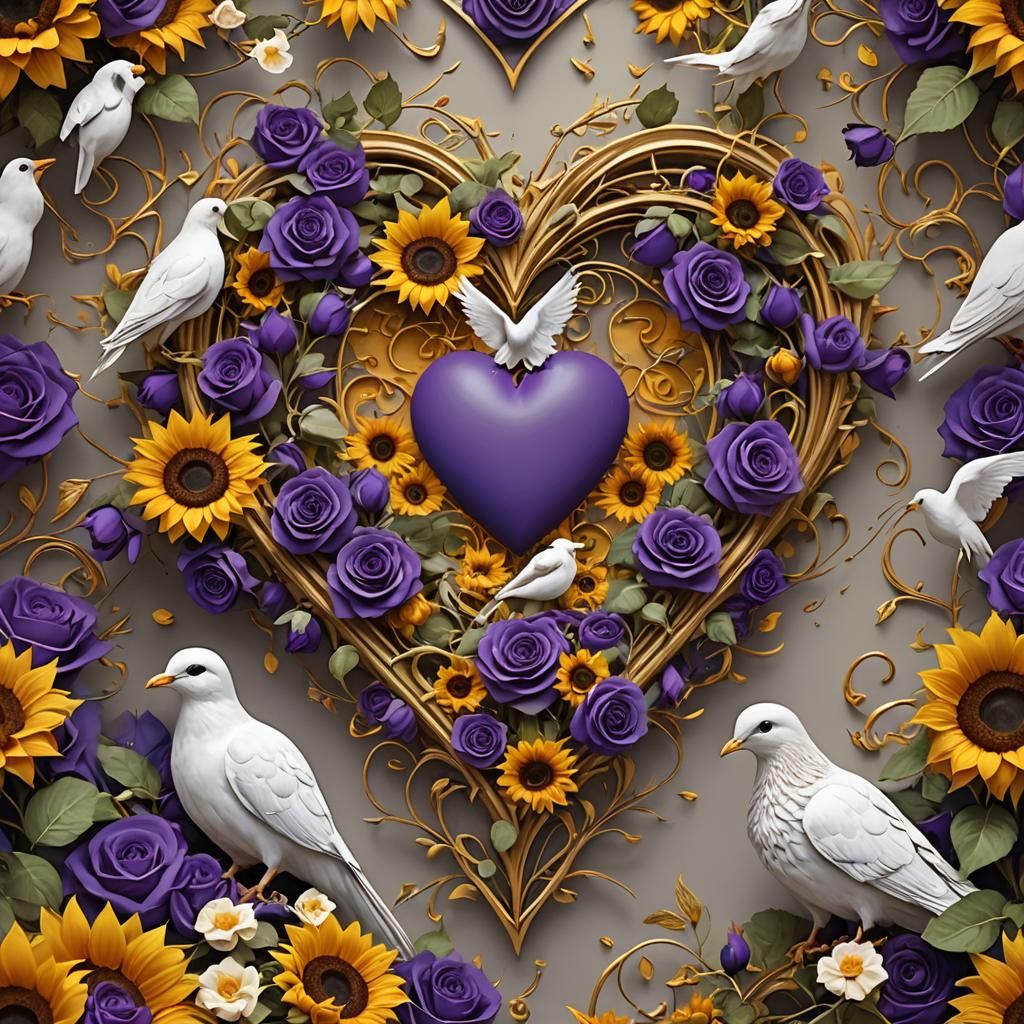 Sunflower Heart with Roses and Dove in Fantasy Realism