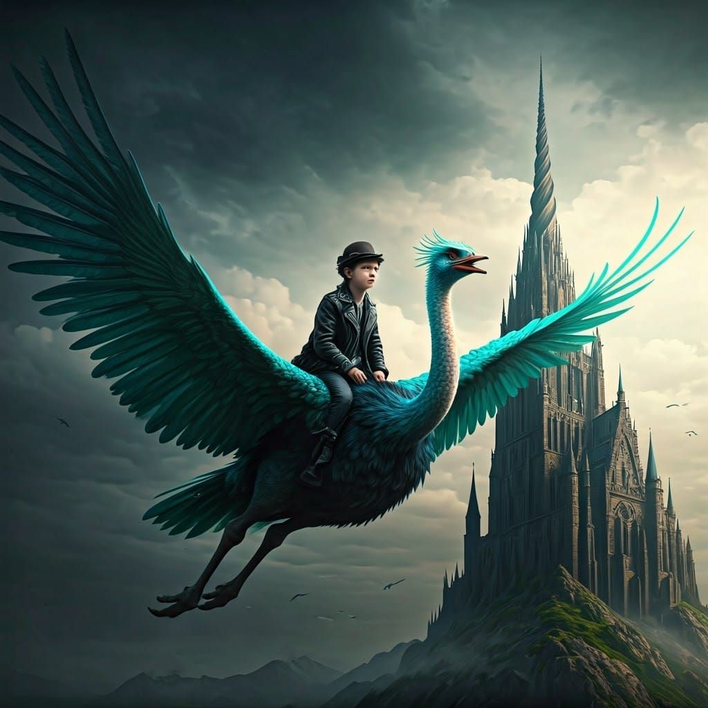Teen Boy Rides Two-Headed Ostrich over Medieval Castle in Da...