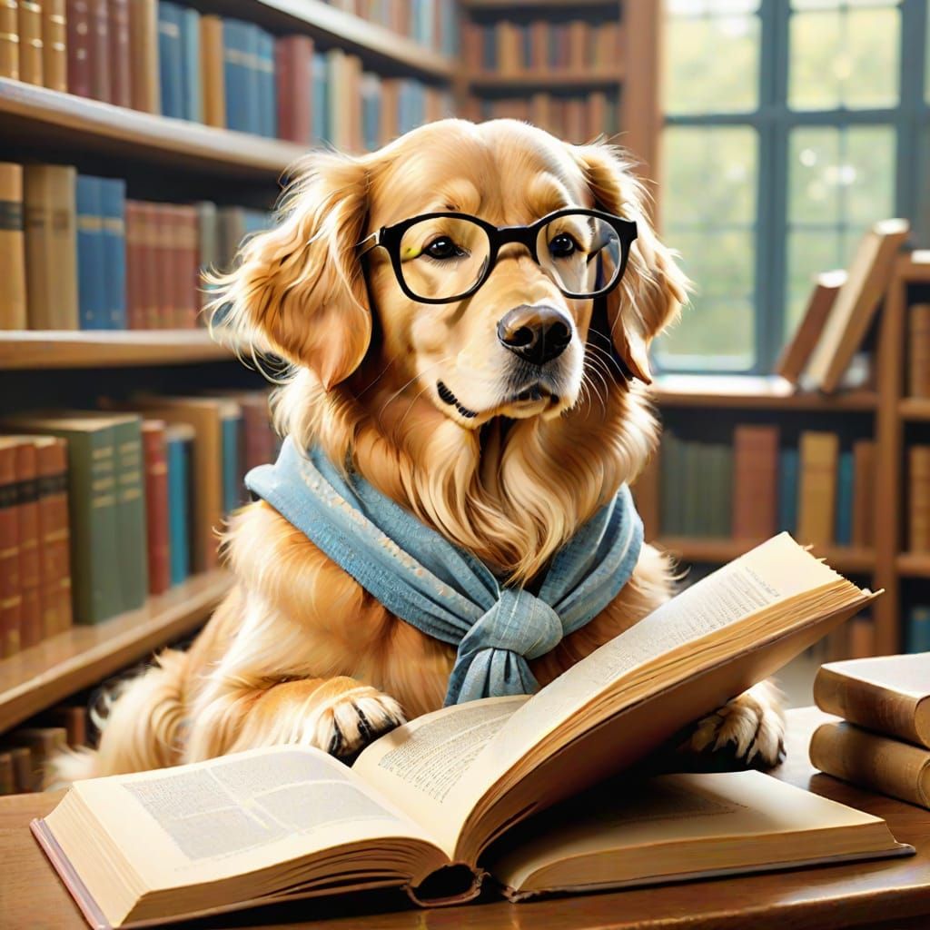 Golden Retriever Reads Book in Potter Style