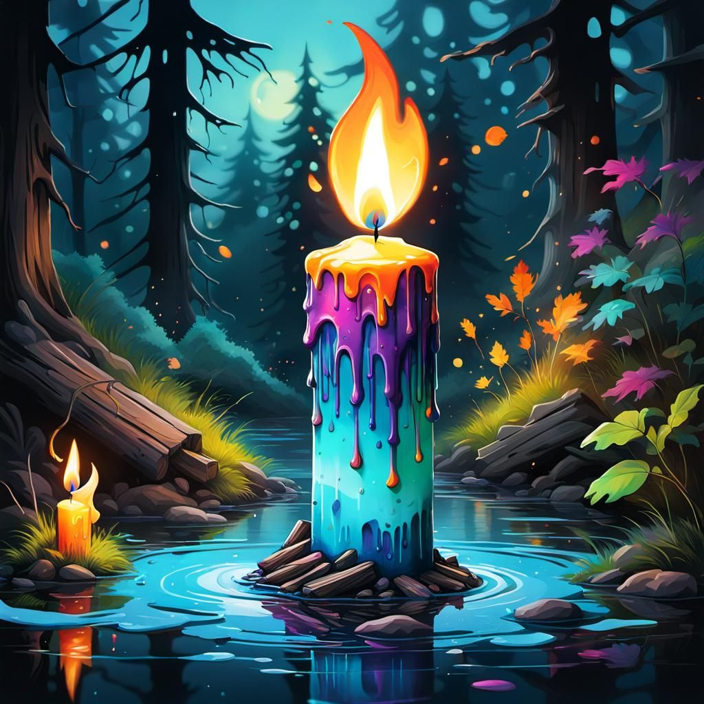 Bioluminescent Candle Flame Beside Lake in Graffiti Style