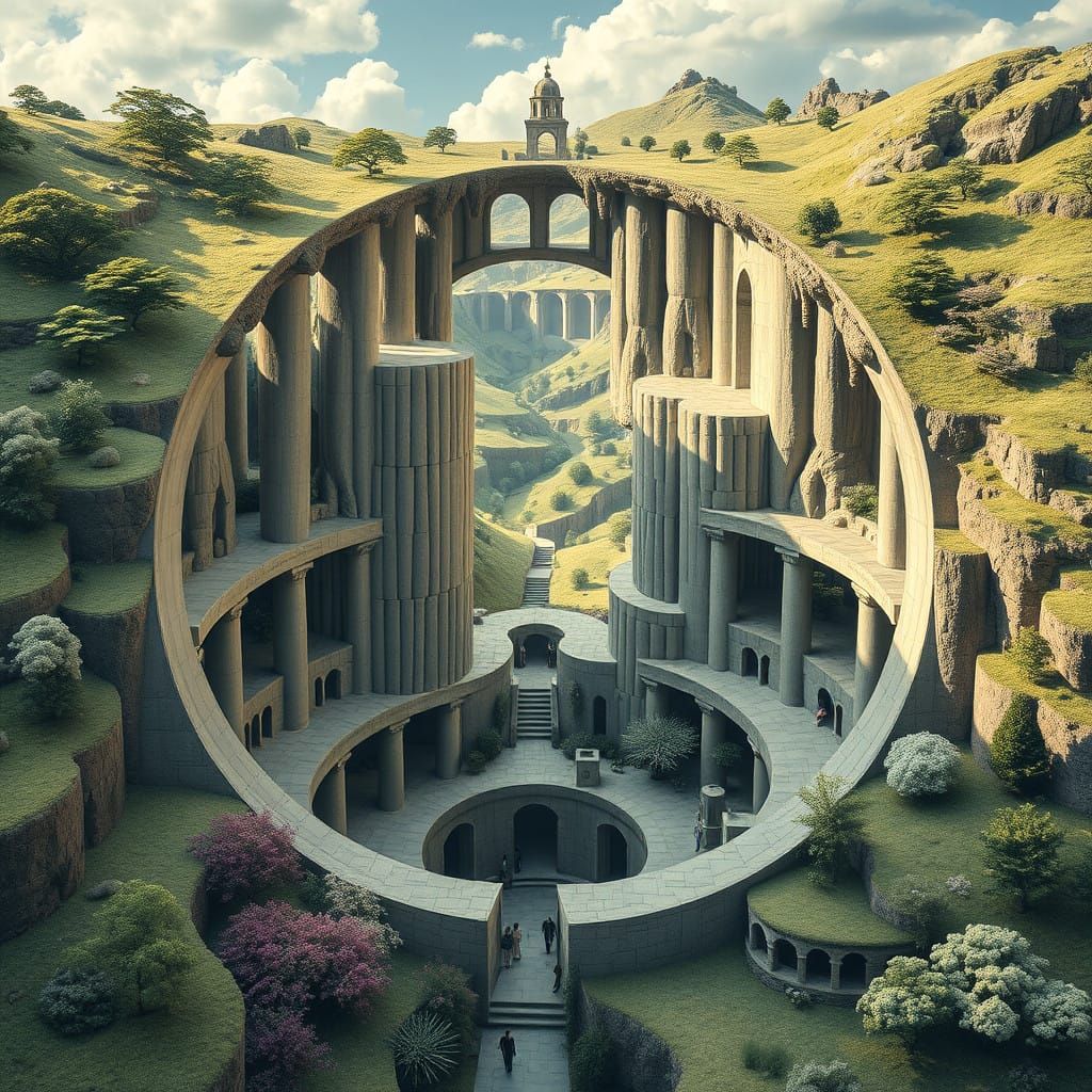 Ethereal Escher-Inspired Cylindrical Architecture