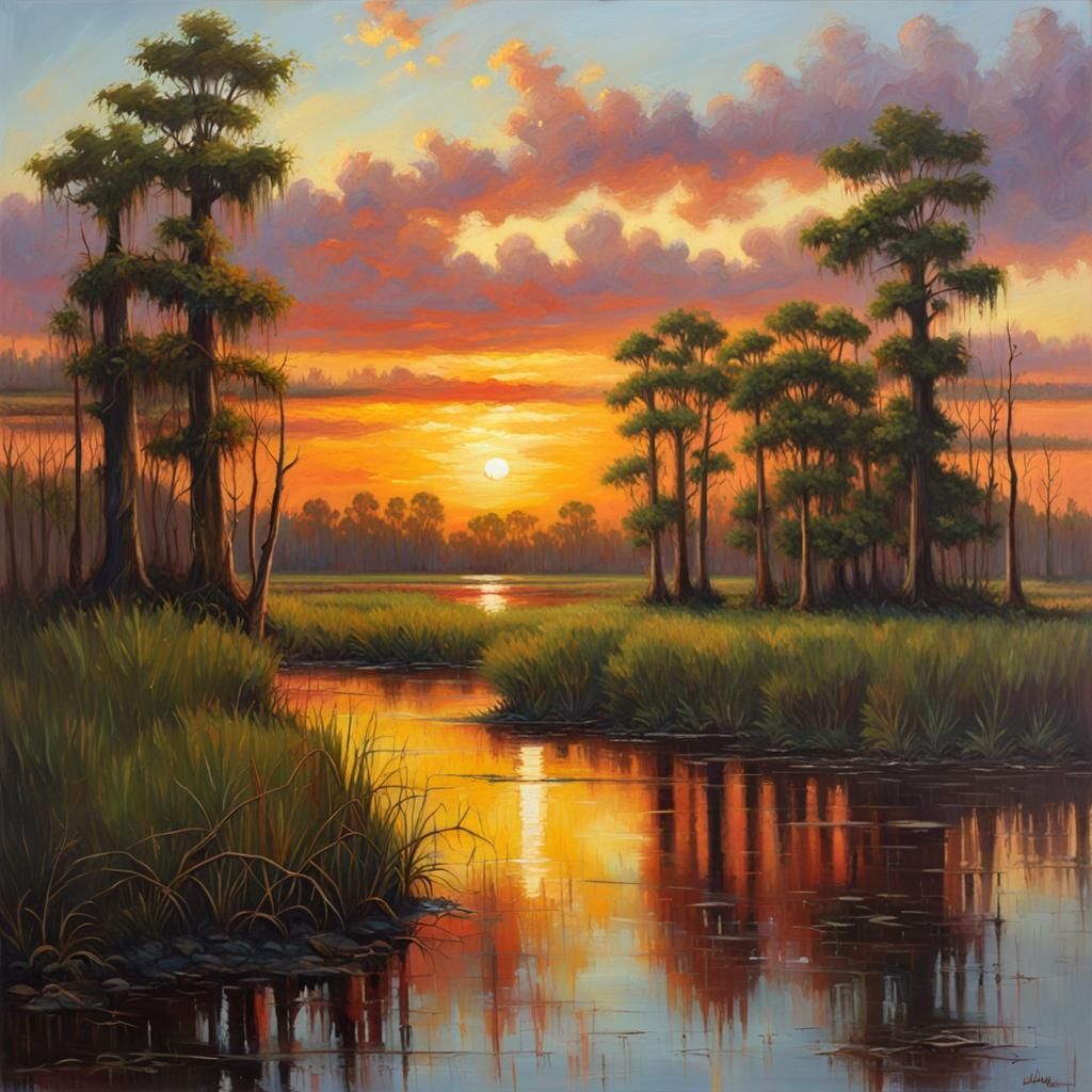 Colorful Sunset Swamp Oil Painting