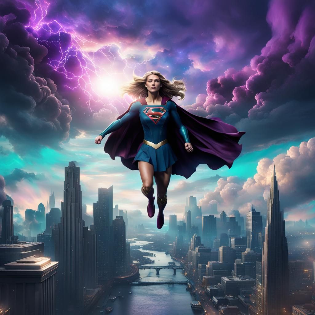 Supergirl Flies Through Fantasy Cityscape