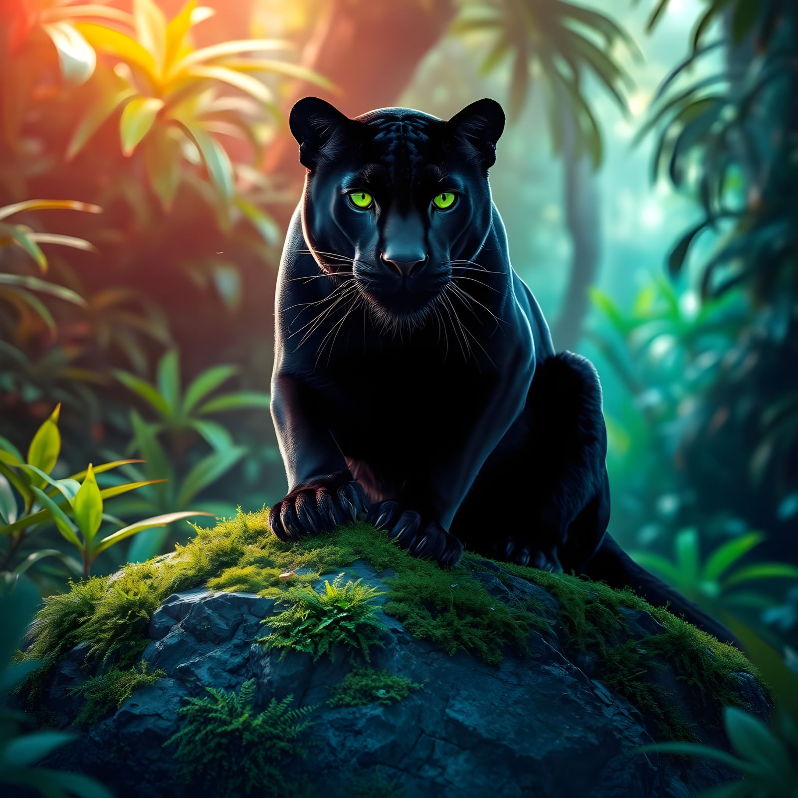 Majestic Black Panther in Vibrant Jungle Landscape