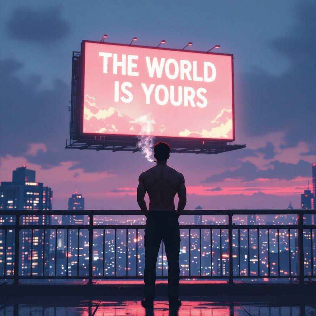 Neon Cityscape Silhouette Gazing at Billboard