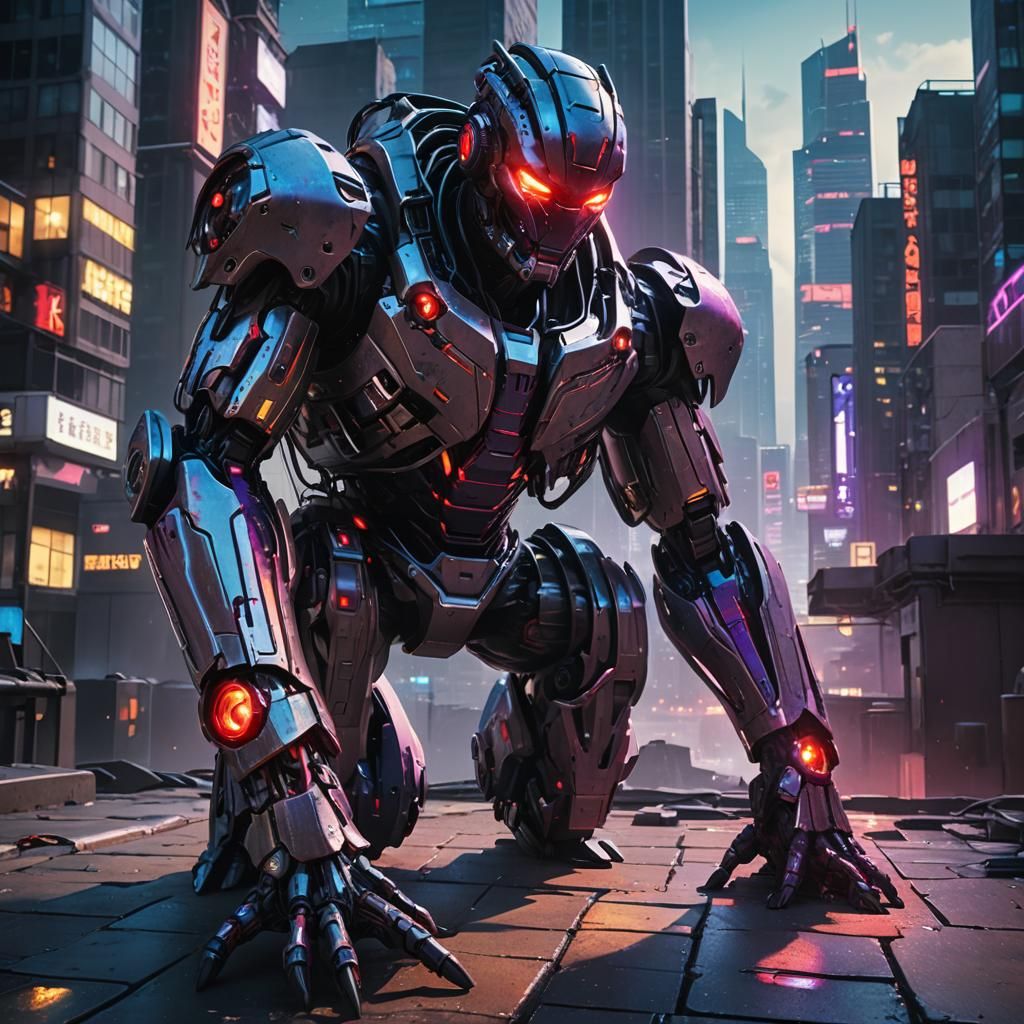 Cybernetic Hero Overlooking Dystopian City in Cyberpunk Styl...