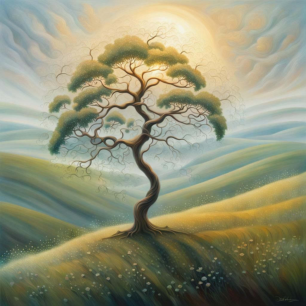 Glass Eden Tree on Misty Hillside in Surreal Style