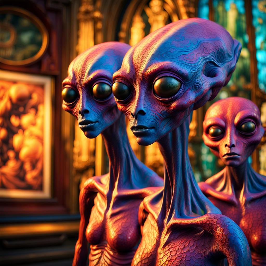 Hyperrealistic Aliens Conversing in Subdued Lighting