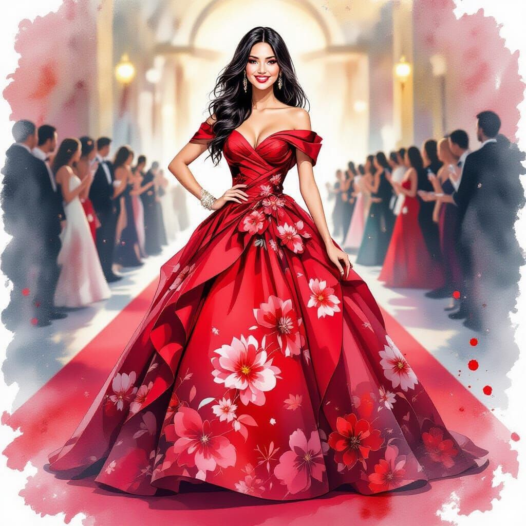 Woman in Red Gown, Watercolor Ink Splatter Style