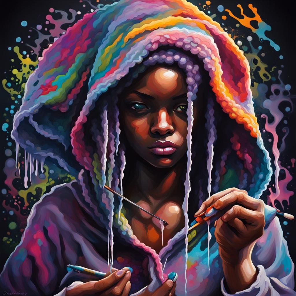 Girl Crocheting Blanket in Graffiti Street Art Style