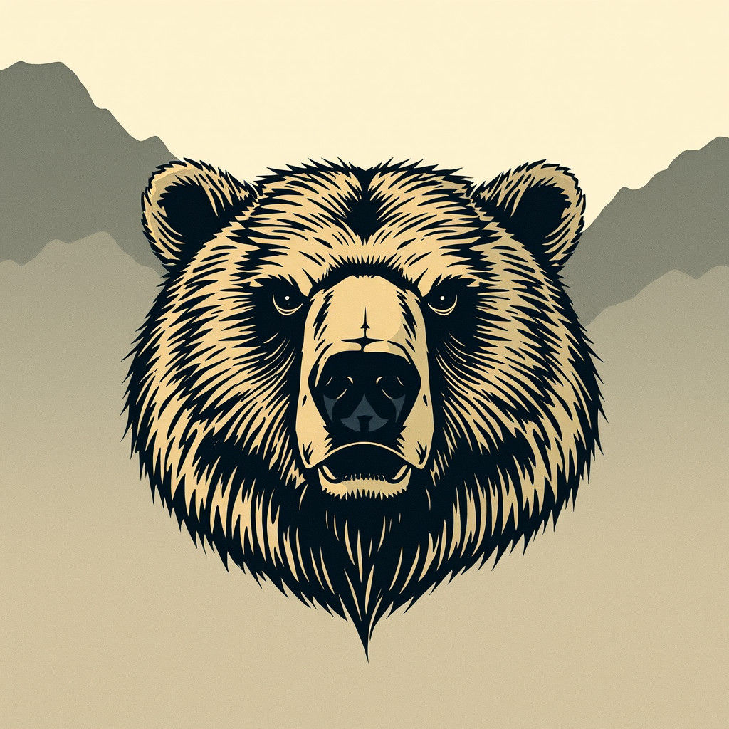 Bear Head in Mountain Landscape as Woodblock Print