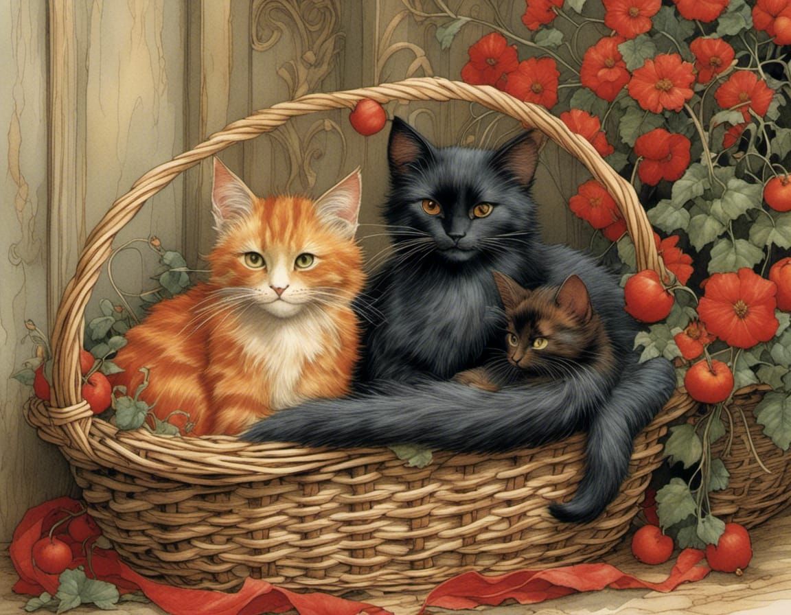 Cats Cuddling by Fireplace: Storybook Illustration