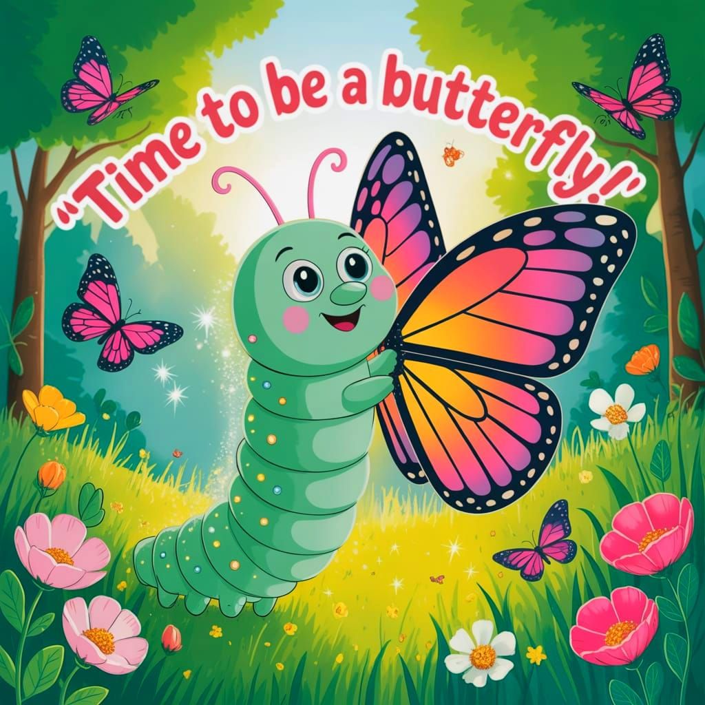 Cartoon Caterpillar with Butterfly Wings in Forest
