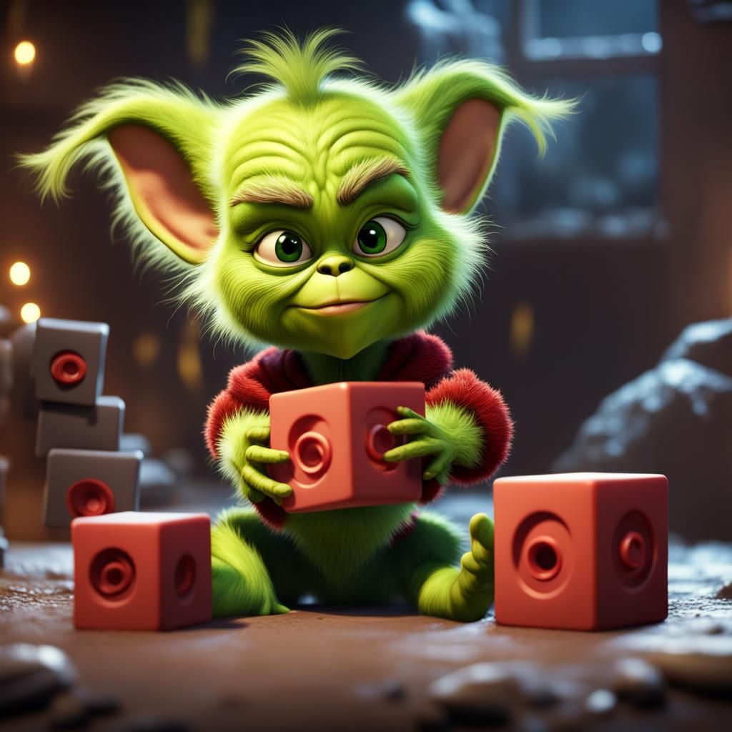 Cute Baby Grinch Holding Blocks as Digital Art