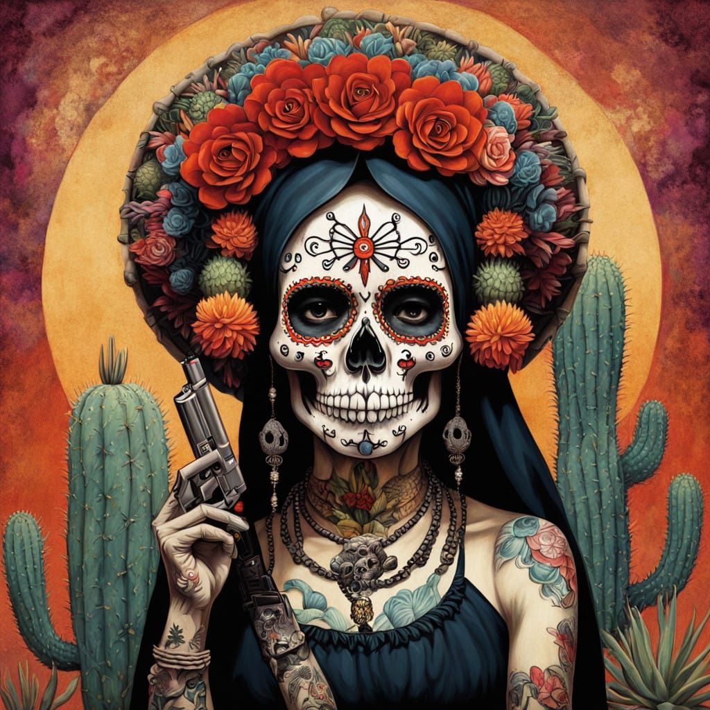 Vibrant Chicano Sugar Skull Santa Muerte in Folk Art Style