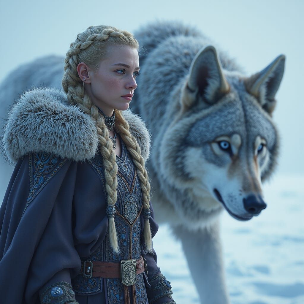 Viking Woman Angrboda with Wolf-Son in Icy Landscape