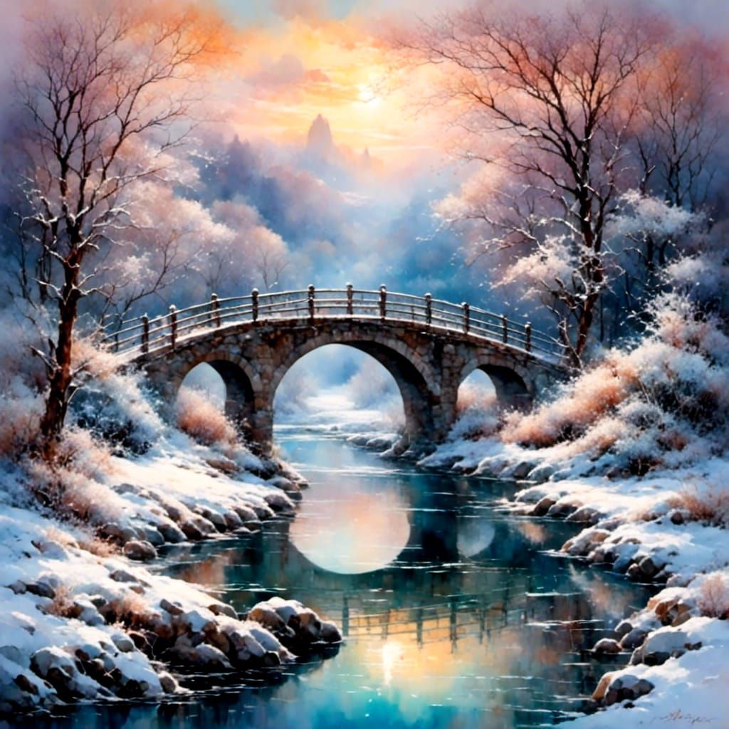 Winter Riverscape Panorama with Japanese Bridge in Watercolo...