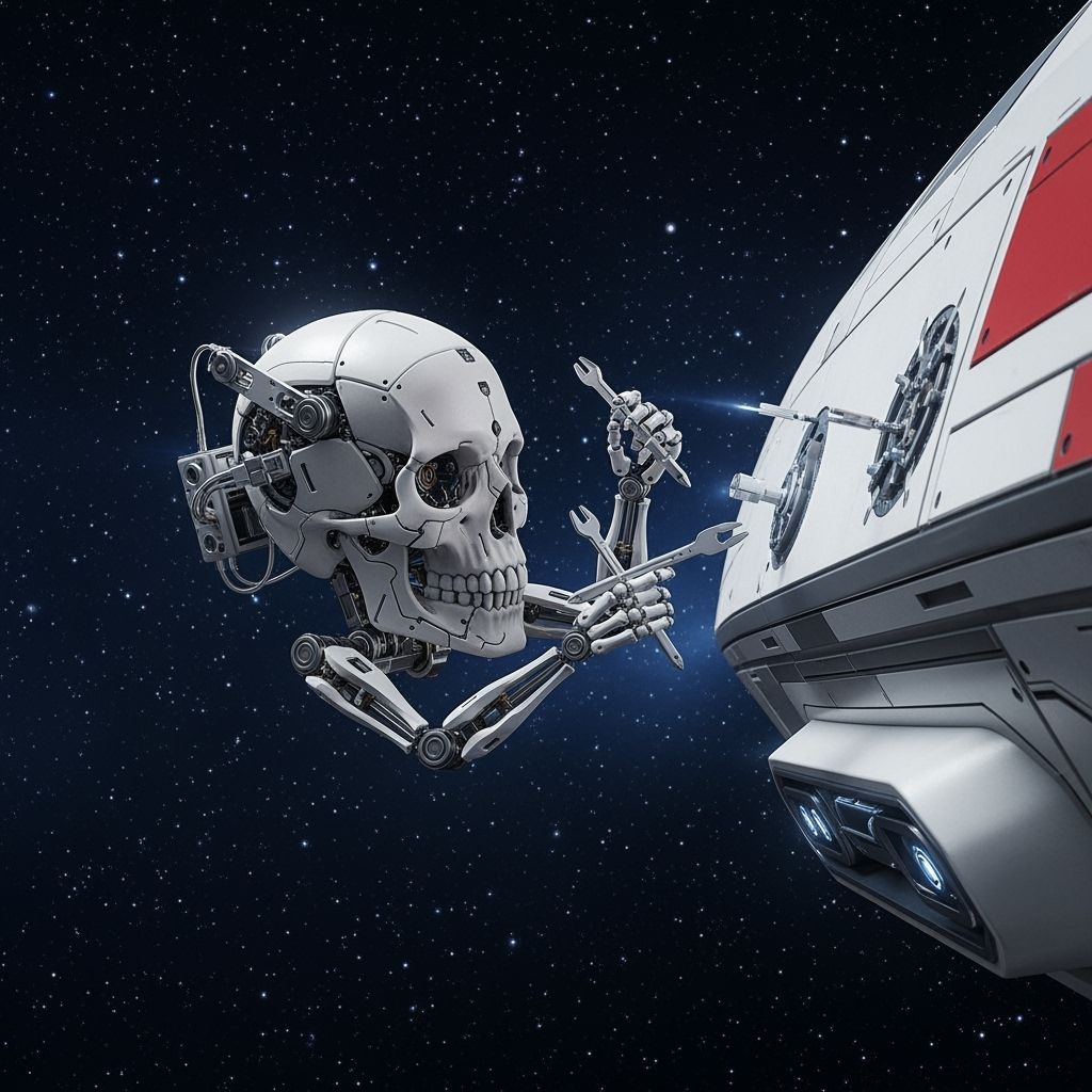 Mechanical Skull Repairs Futuristic Spaceship in Deep Space
