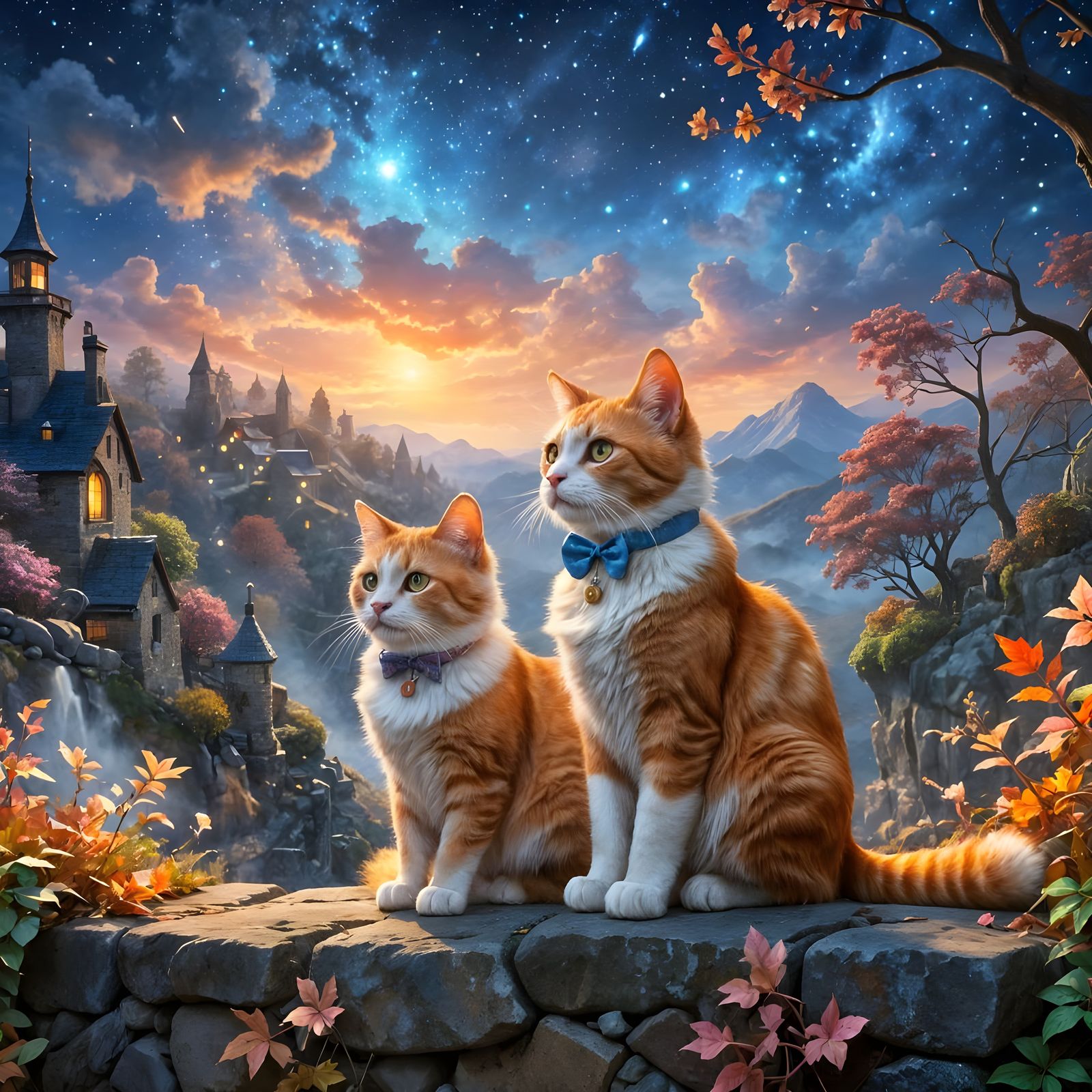 Cats Enjoying Autumn Night, Thomas Kinkade Style