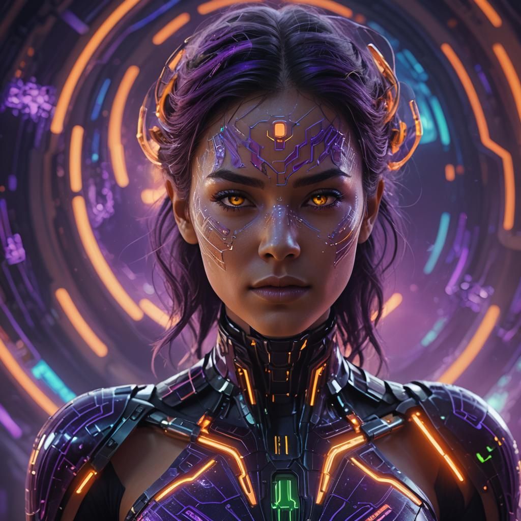 Quantum Woman with Glowing Code in Sci-Fi Lab