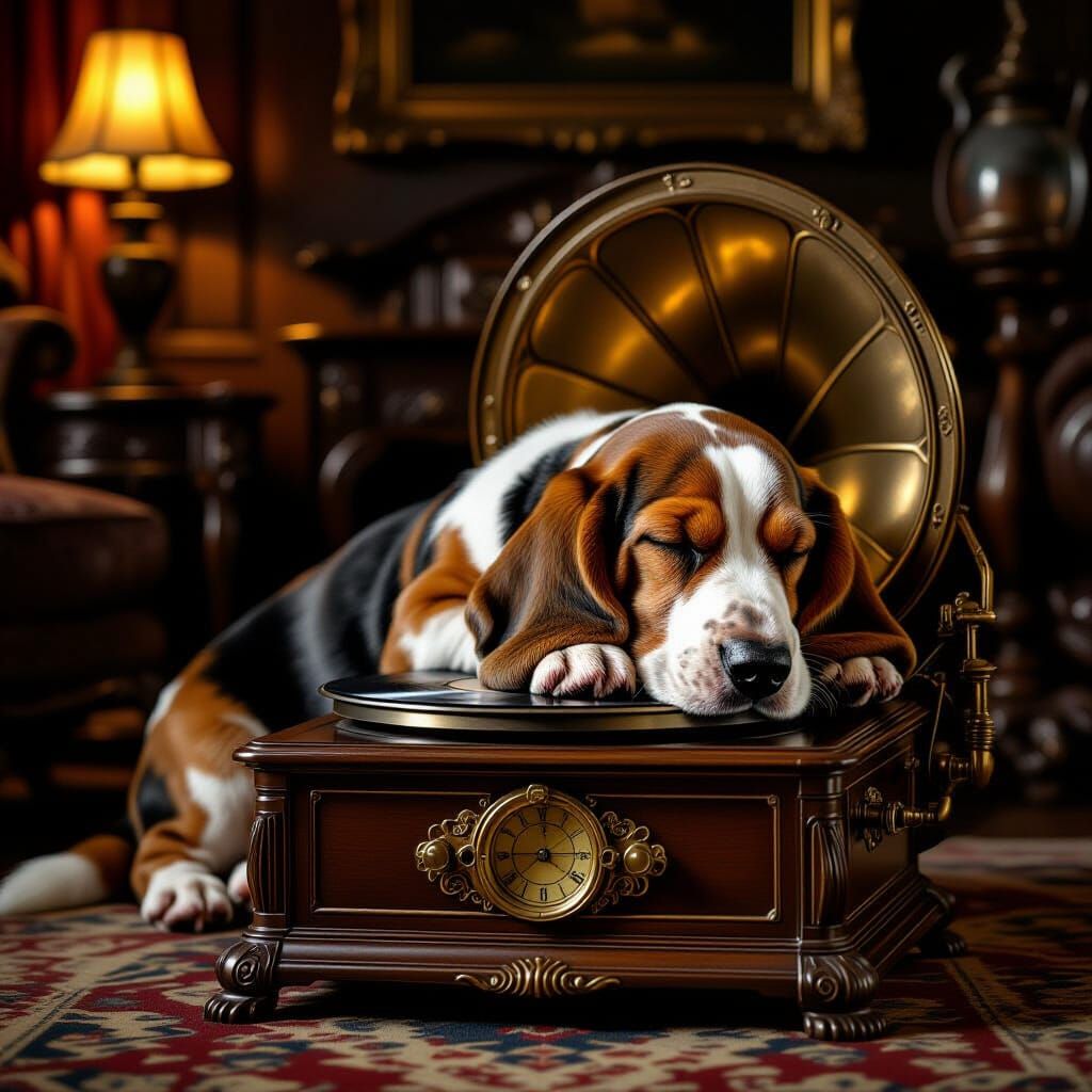 Basset Hound Slumbers on Vintage Gramophone in Cozy Room