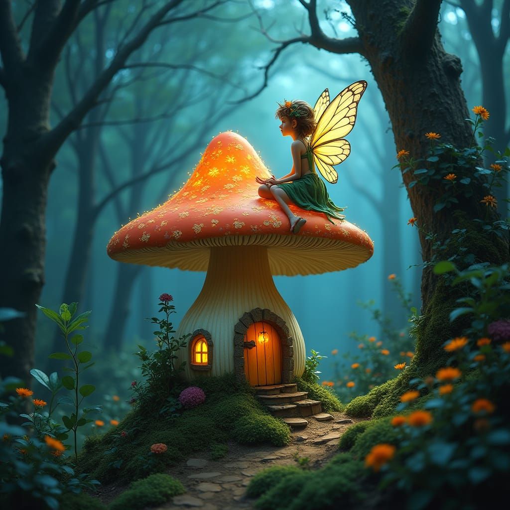 Enchanted Fairy on Mushroom House in Bioluminescent Forest