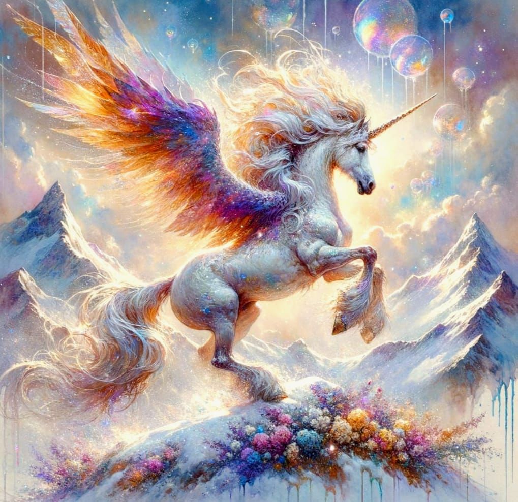 Romantic Watercolour Unicorn Alights on Spring Mountain