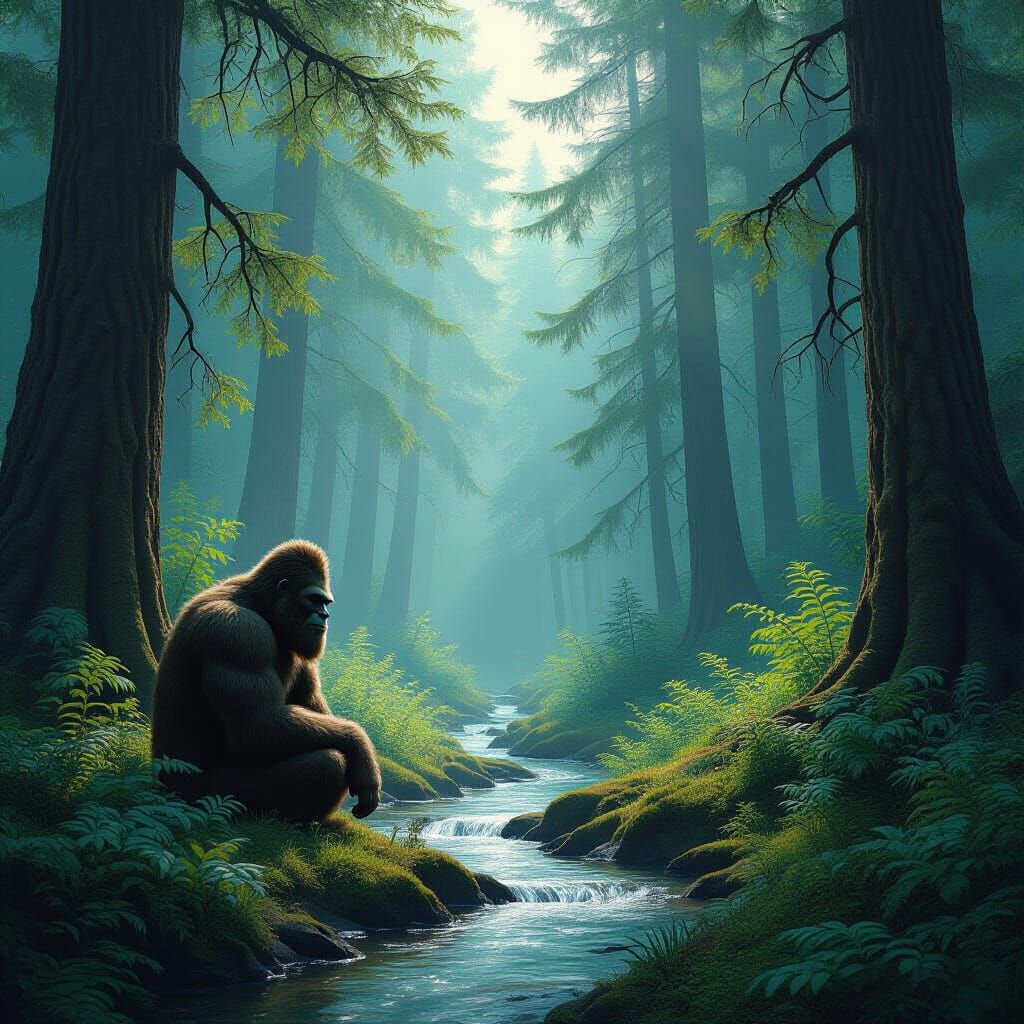 Bigfoot Hiding in Shaded Forest