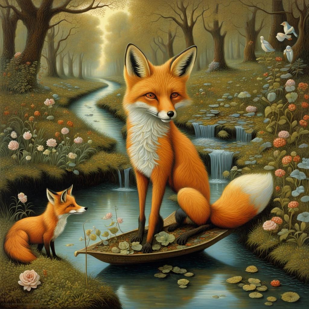 Whimsical Fox in Brook, Surrealist Style