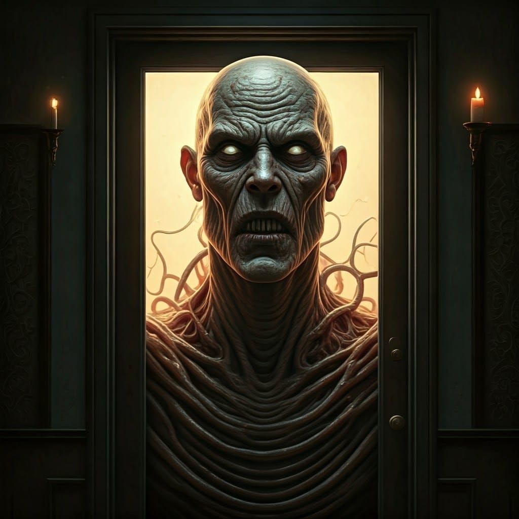 Terrifying Humanoid Horror Figure Emerging from Darkness
