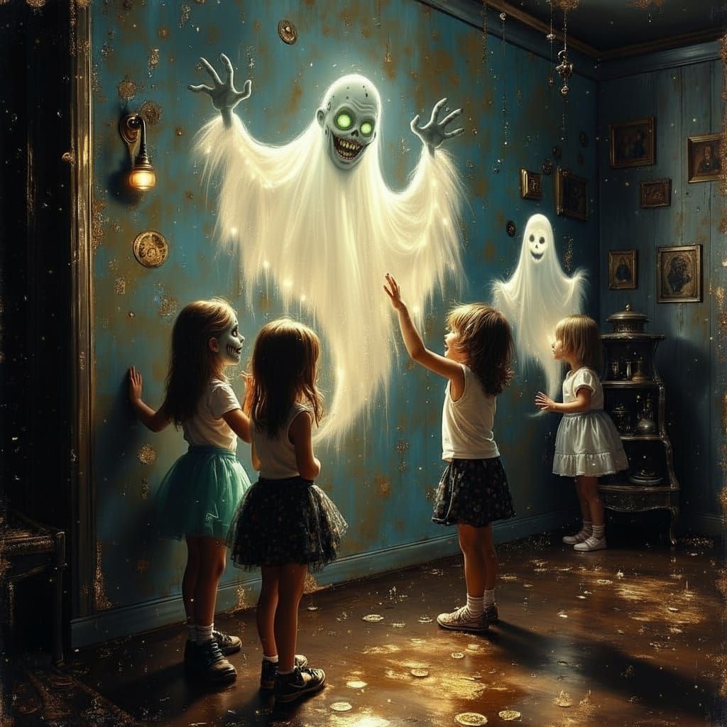 Whimsical Painting of Children Playing Pin the Ghost