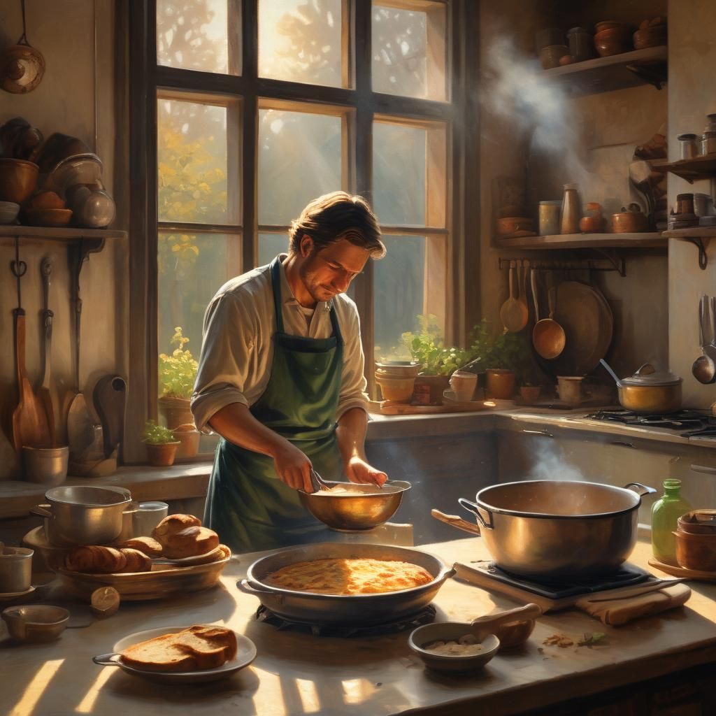 Cozy Kitchen Scene: Husband Cooking for Wife