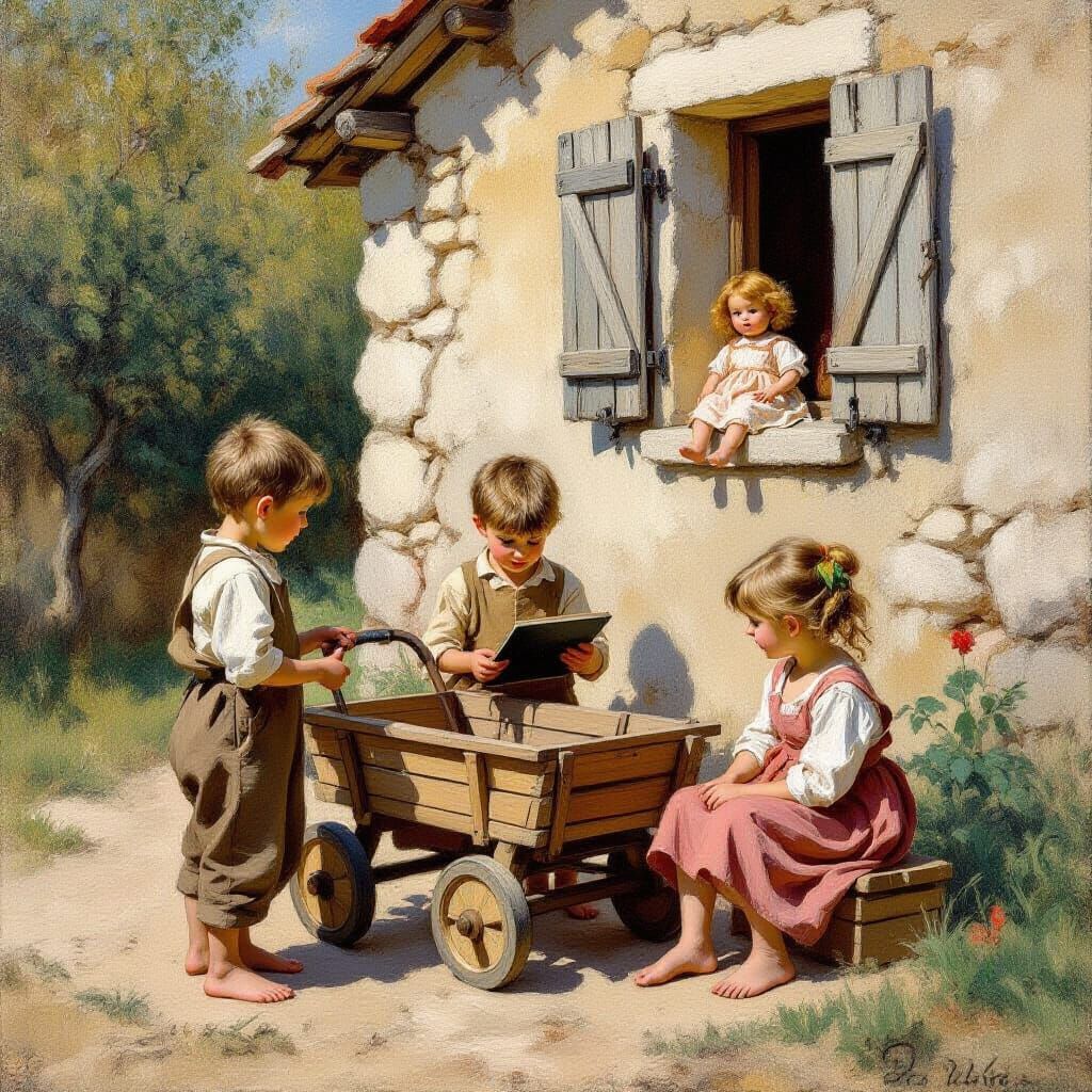 Children Outside Cottage as Impressionist Painting