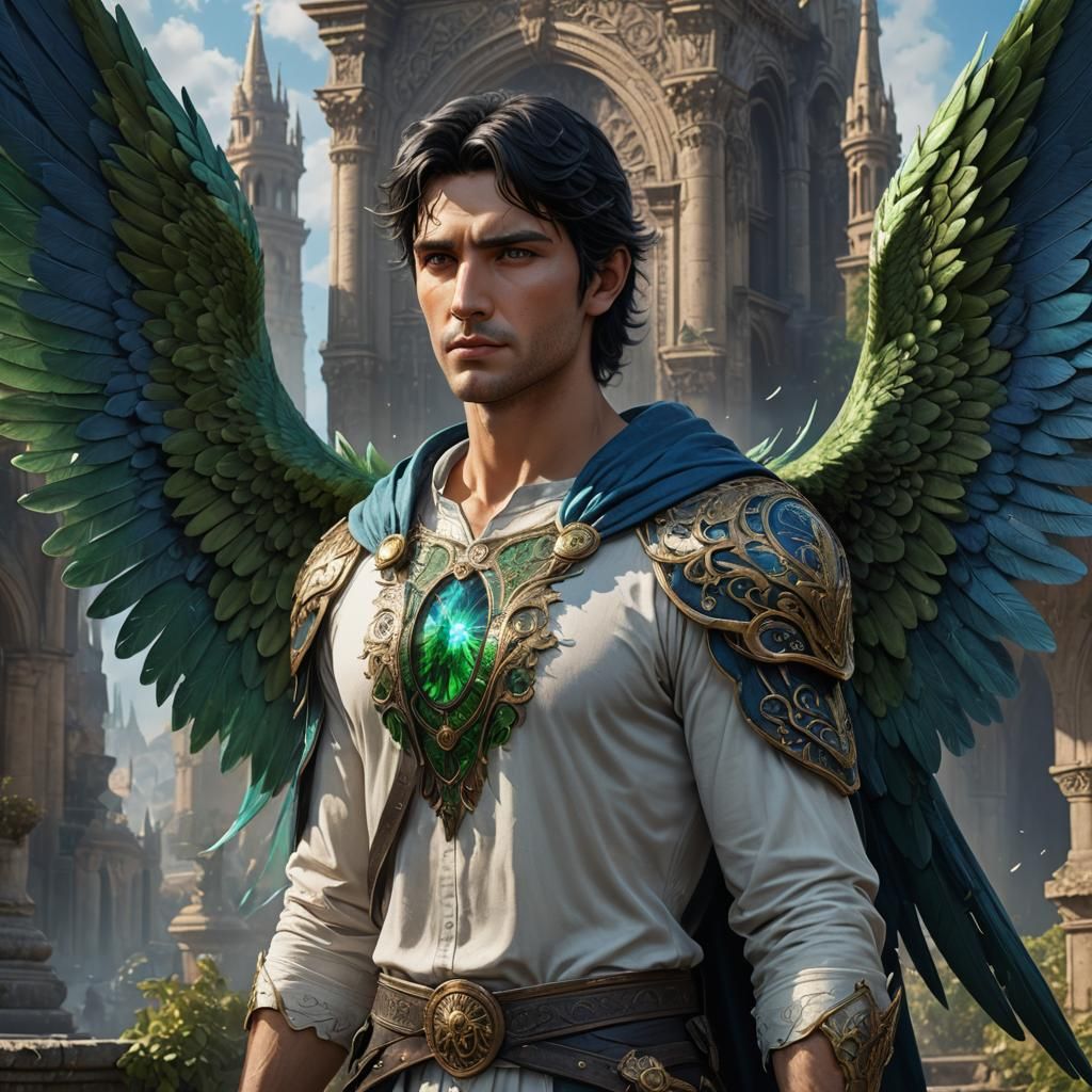 Handsome Angel with Blue Wings in Detailed Digital Art