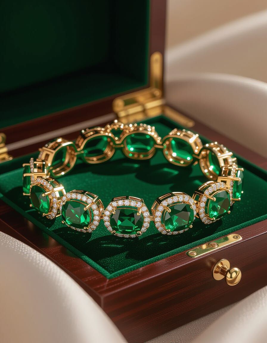 Regal Lady Wearing Emerald and Diamond Bracelet