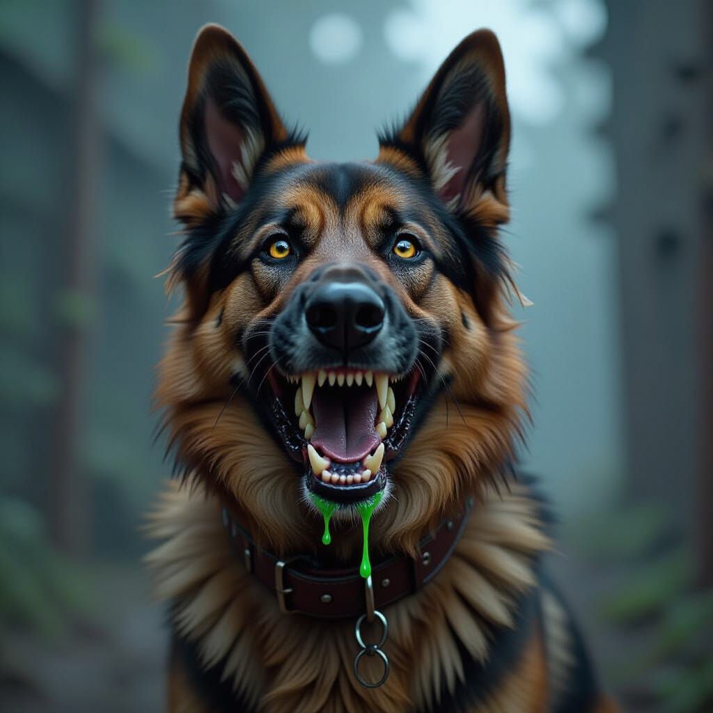 Menacing German Shepherd with Venomous Fangs