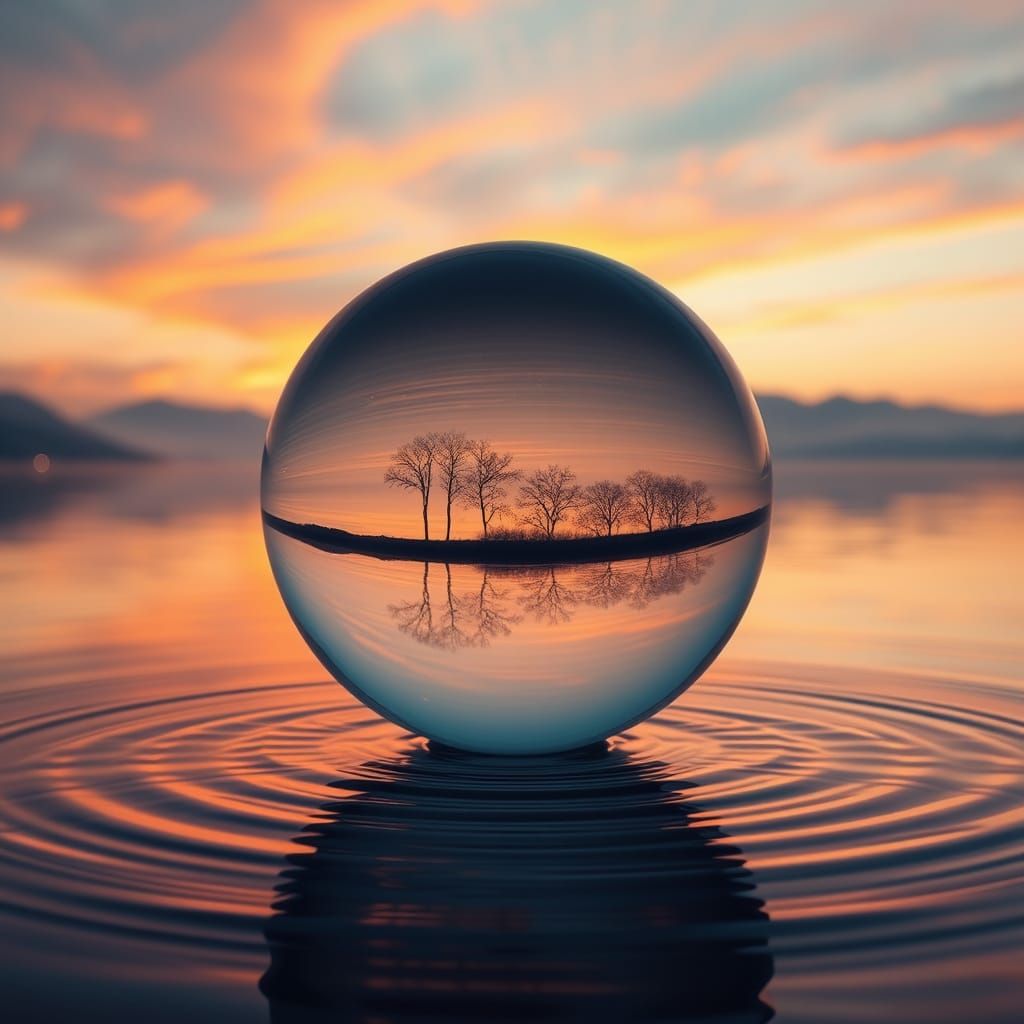 Ethereal Glass Orb Sails Above Serene Sunset Waters