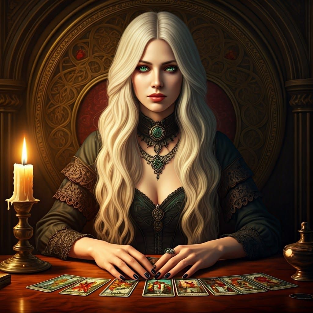Victorian Woman Reading Tarot Cards in Gothic Chamber